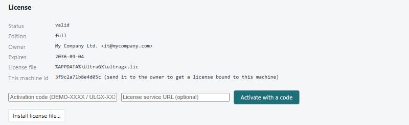Settings, License block