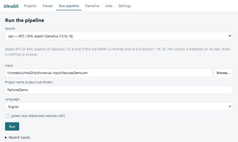 Run pipeline tab