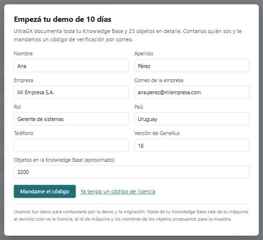 Formulario de registro de la demo