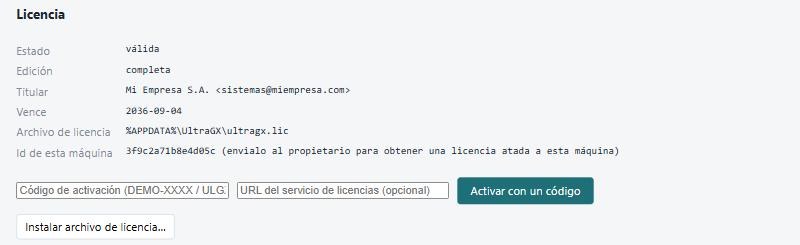 Configuración, bloque Licencia