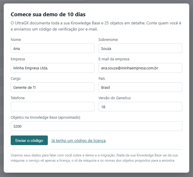 Formulário de registro da demo
