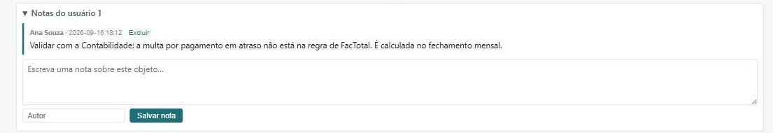 Notas na página de um objeto